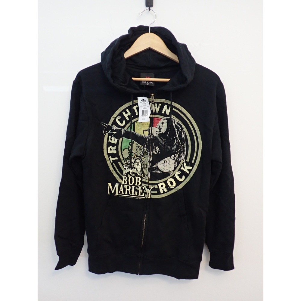 Bob Marley Trenchtown Rock Hoodie Sweatshirt Zip Men's Medium Black Cotton Blend
